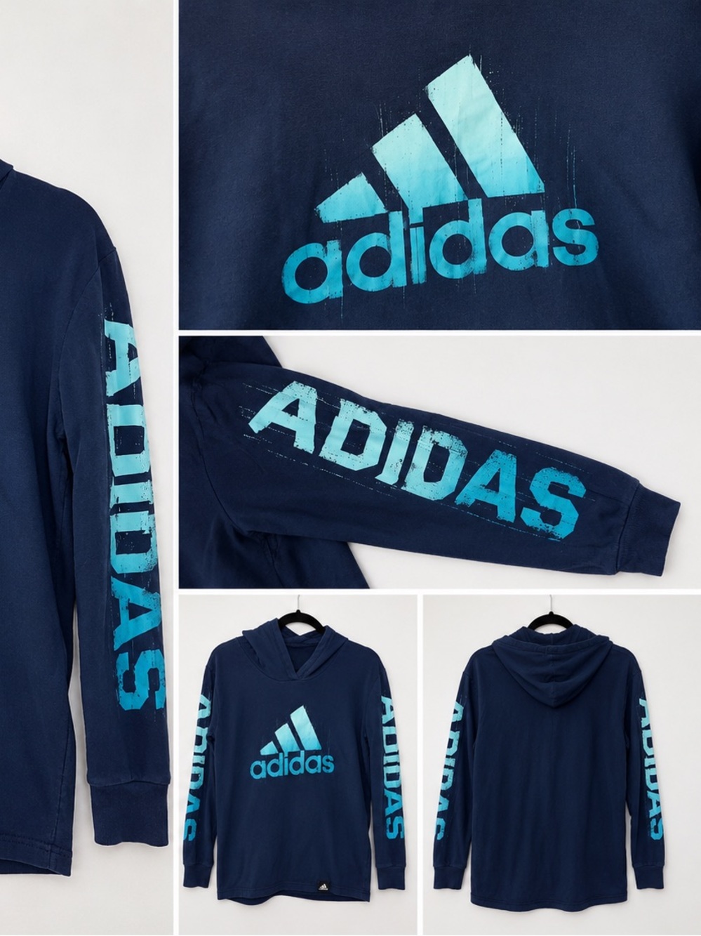 Boys LRG Breathable Thin Navy Adidas Long Sleeve Shirt Hoodie with Graphic Logo